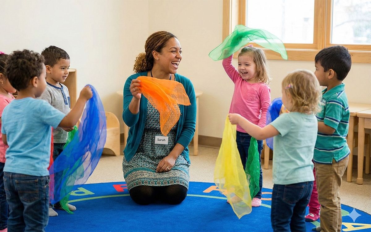 A teacher and preschoolers waving colorful scarves on a classroom rug