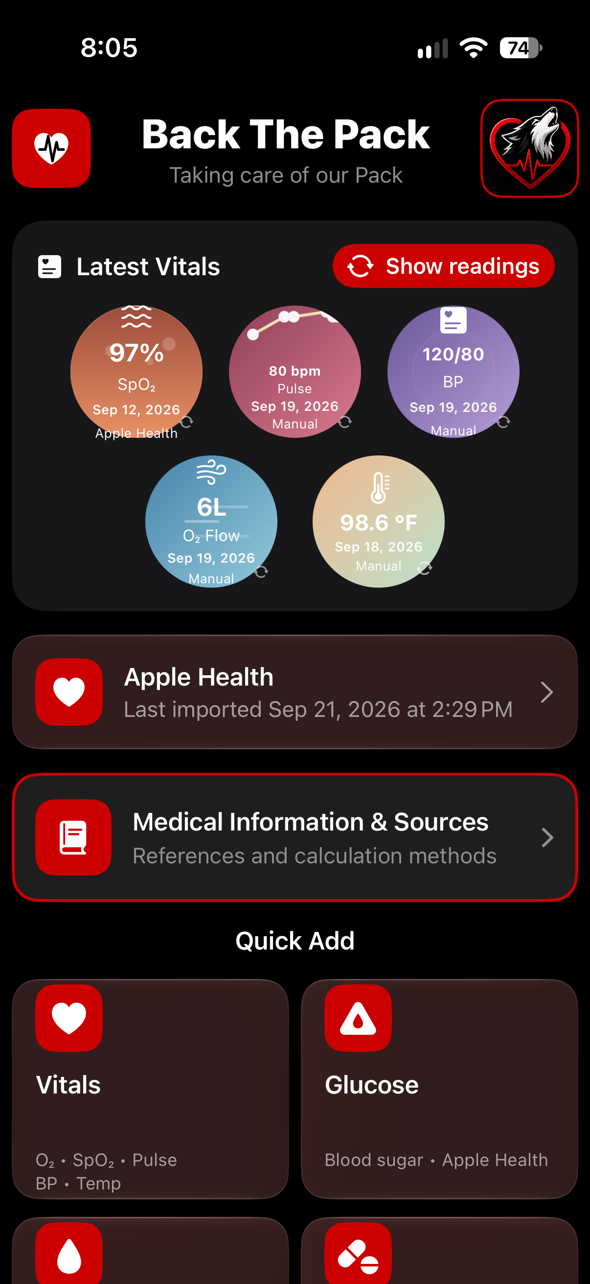 Back The Pack app home screen
