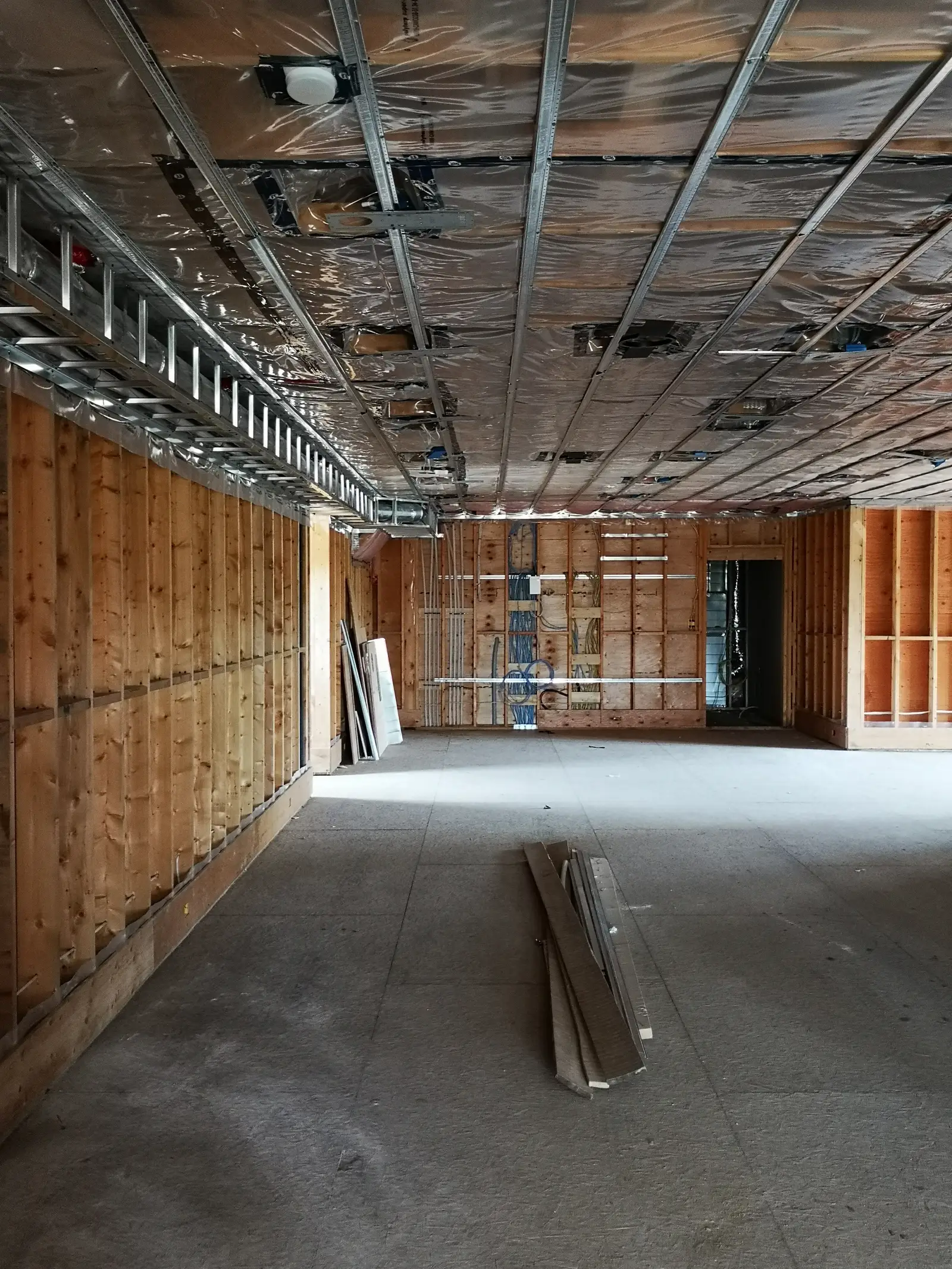 Interior wood and metal framing with ceiling structure