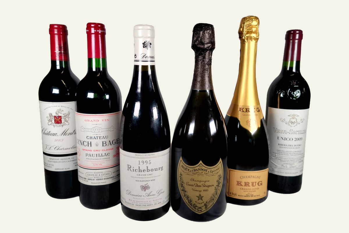 Château Montrose, Lynch-Bages, Anne Gros Richebourg 1995, Dom Pérignon 1993, Krug Grande Cuvée 164th Edition and Vega Sicilia Unico 2009