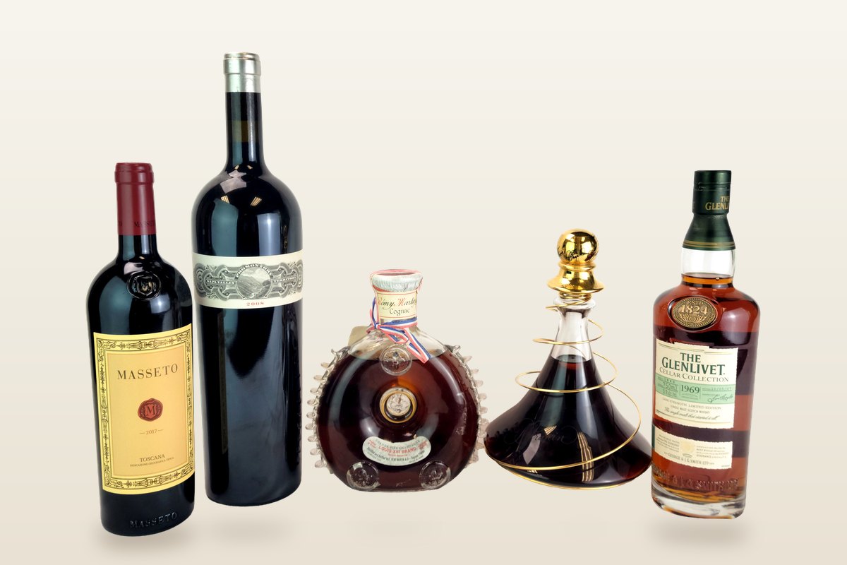 Masseto 2017, Promontory 2008 magnum, Rémy Martin Louis XIII, Frapin 1888 Cognac and The Glenlivet 1969 Cellar Collection