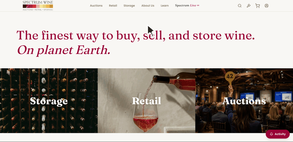 Browsing the new Spectrum Wine site: filtering The October 2026 Auction to 2000 to 2010 St. Julien and placing a bid on Langoa Barton 2000