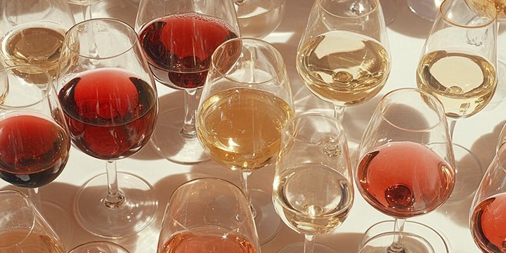 Glasses of red, rosé and white wine on a sunlit table