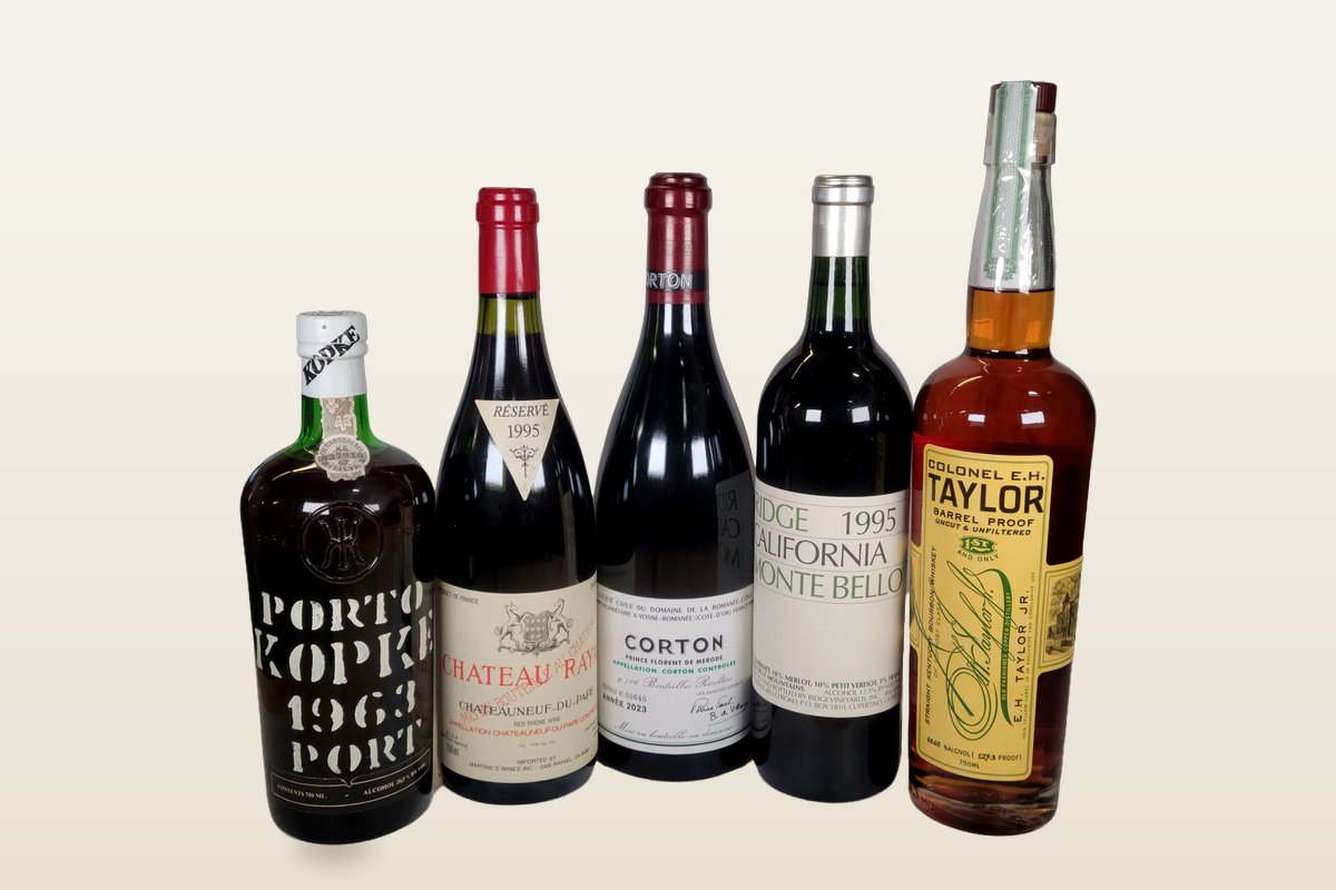 Kopke 1963 Port, Château Rayas Réservé 1995, DRC Corton 2023, Ridge Monte Bello 1995 and Colonel E.H. Taylor Barrel Proof