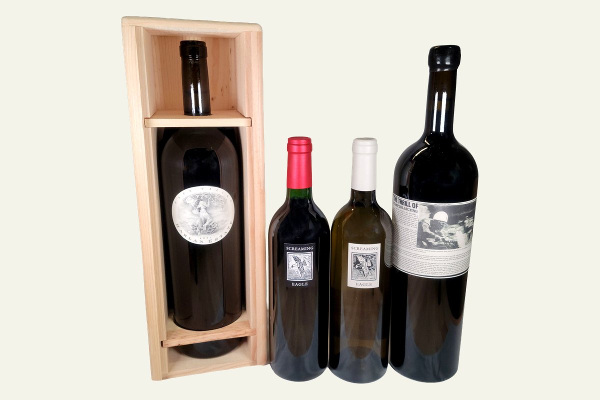 Harlan Estate 2001 magnum in its wooden case, Screaming Eagle Cabernet Sauvignon and Sauvignon Blanc, and Sine Qua Non The Thrill of Stamp Collecting