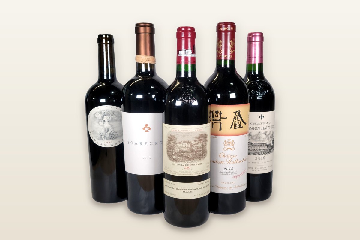 Harlan Estate 1997, Scarecrow 2013, Lafite Rothschild 2000, Mouton Rothschild 2018 and La Mission Haut-Brion 2019