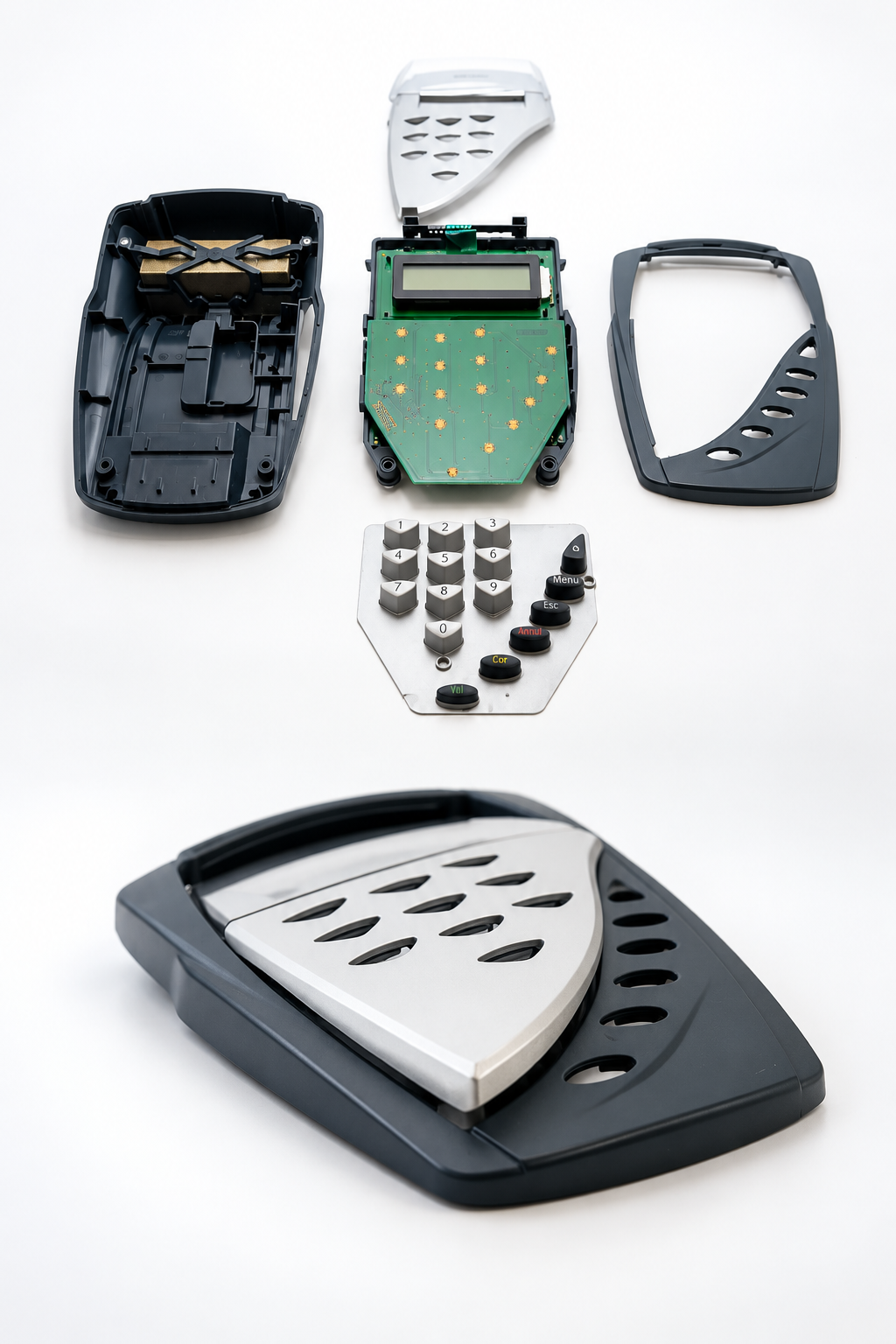 Disassembled health card reader, showing the shell, keypad and circuit board