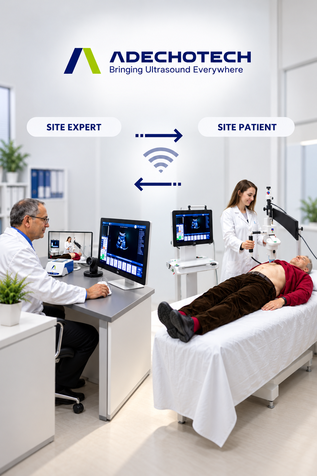 Adechotech tele-ultrasound robot linking an expert site and a patient site