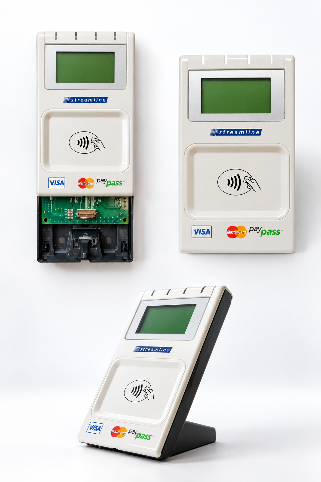 Streamline contactless payment terminal, front and side views