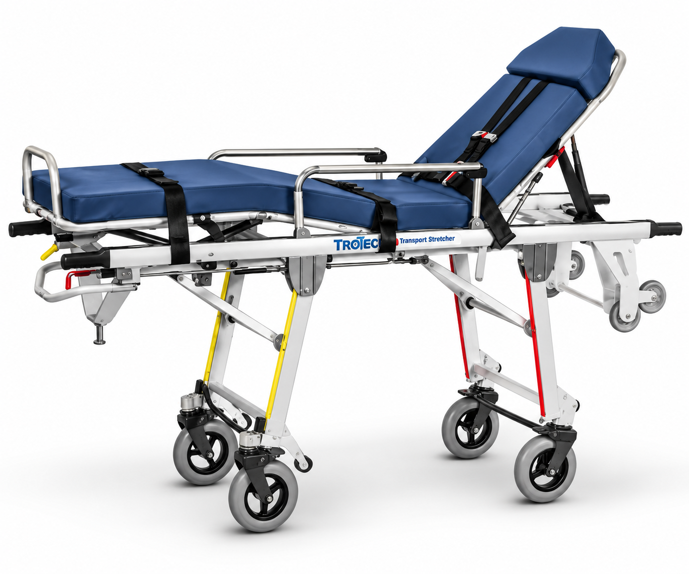 Foldable Trolley stretcher on wheels, with a reclining backrest and an IV pole