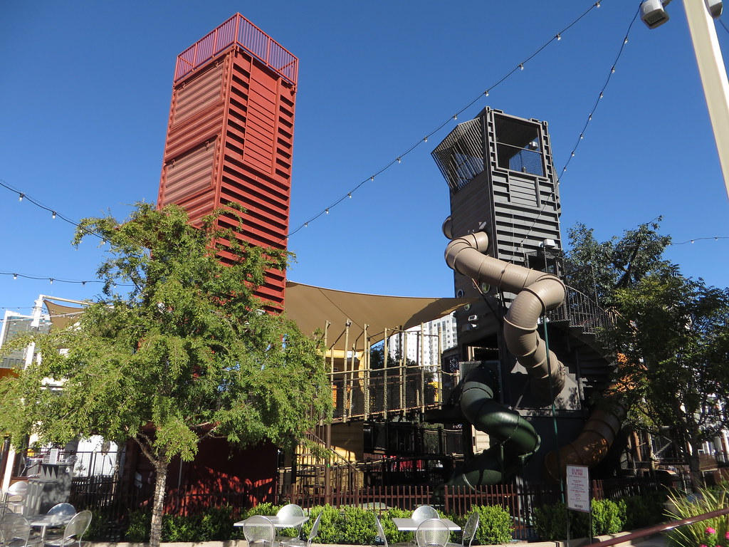 Downtown Container Park in the Fremont East District, Las Vegas, built from stacked shipping containers