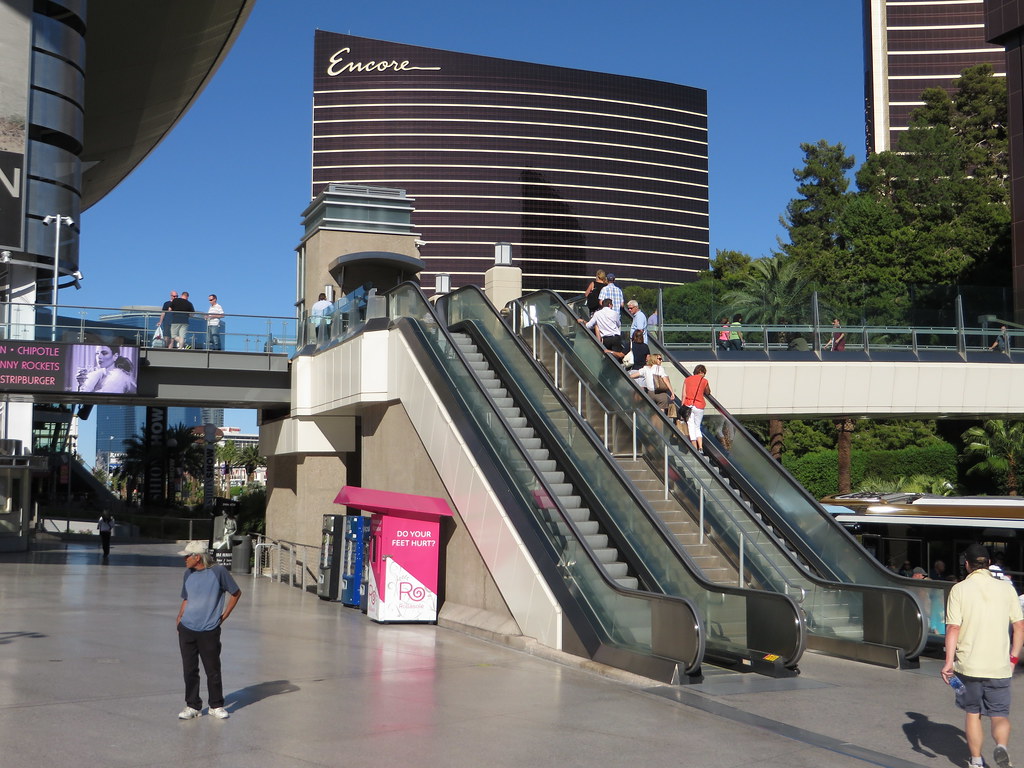 Pedestrian skybridge over Las Vegas Boulevard leading toward Wynn Las Vegas and Fashion Show mall