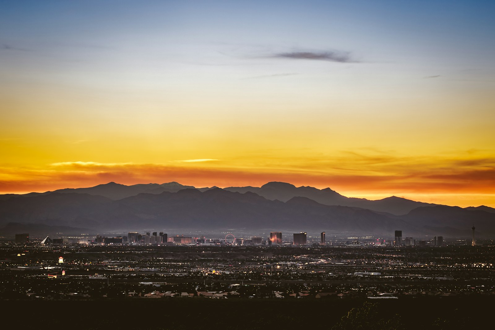 Sunset over the Las Vegas Strip skyline from a trail in the southeast Las Vegas Valley