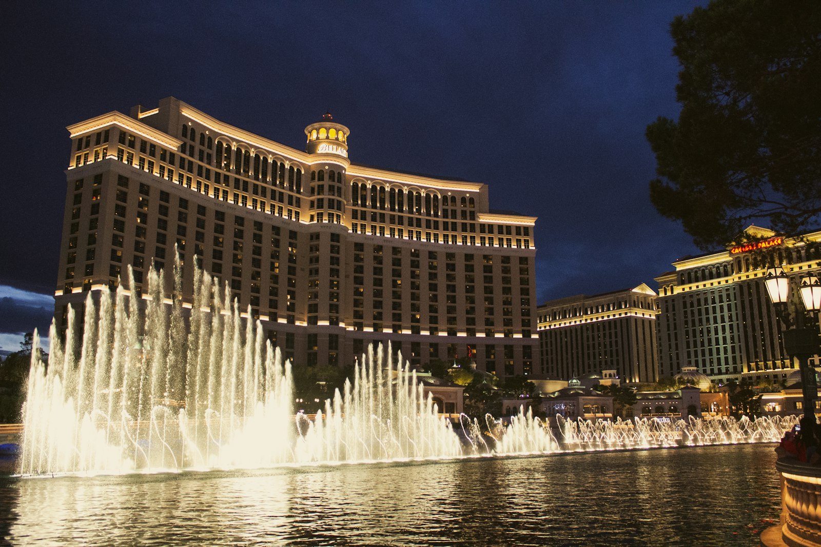 Bellagio fountains shooting water into the air in front of the Bellagio hotel, a free Las Vegas attraction