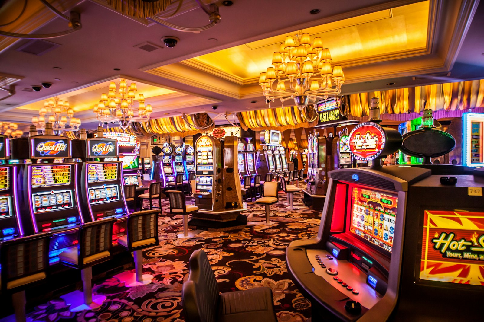 Rows of slot machines inside a Las Vegas casino