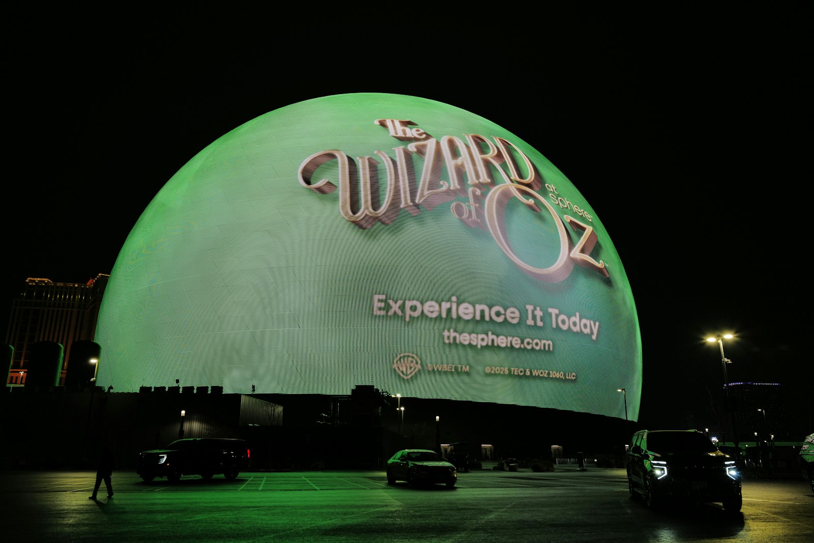Sphere in Las Vegas lit up at night with its LED exterior