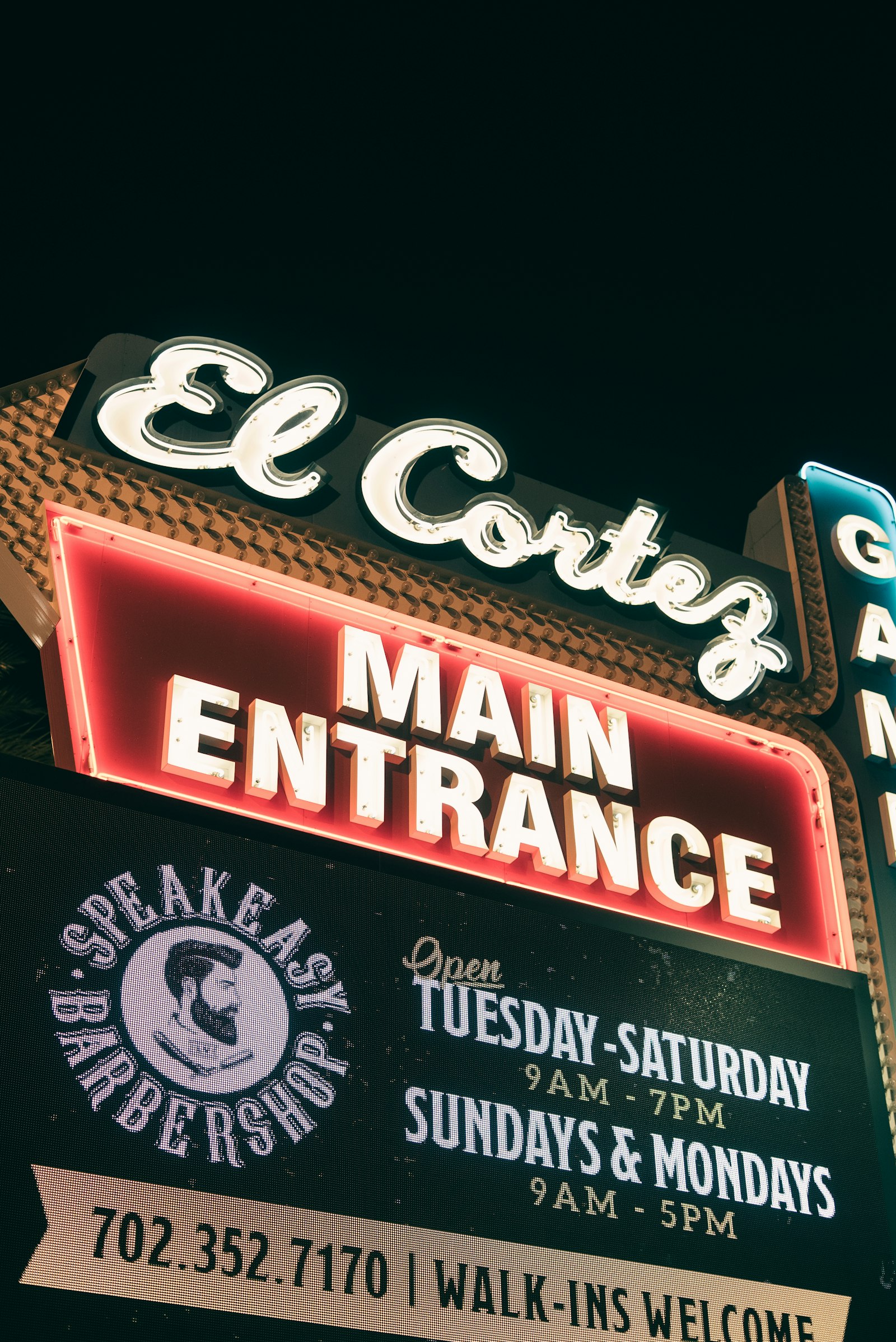 El Cortez main entrance with neon signs in Downtown Las Vegas