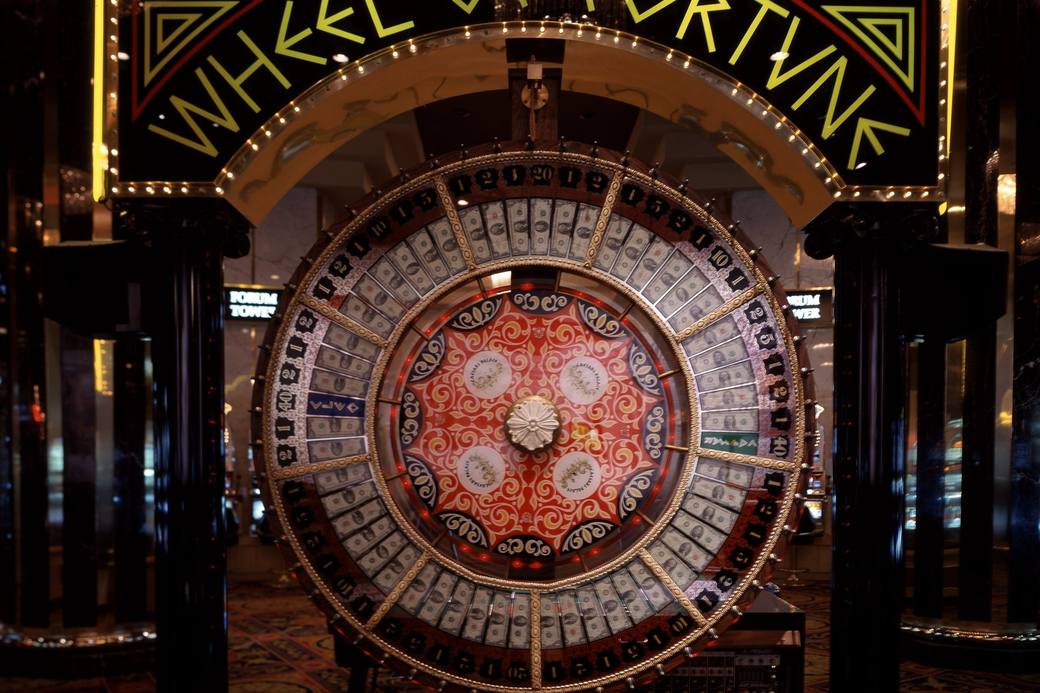 A Big Six wheel, labelled Wheel of Fortune, inside a Las Vegas casino