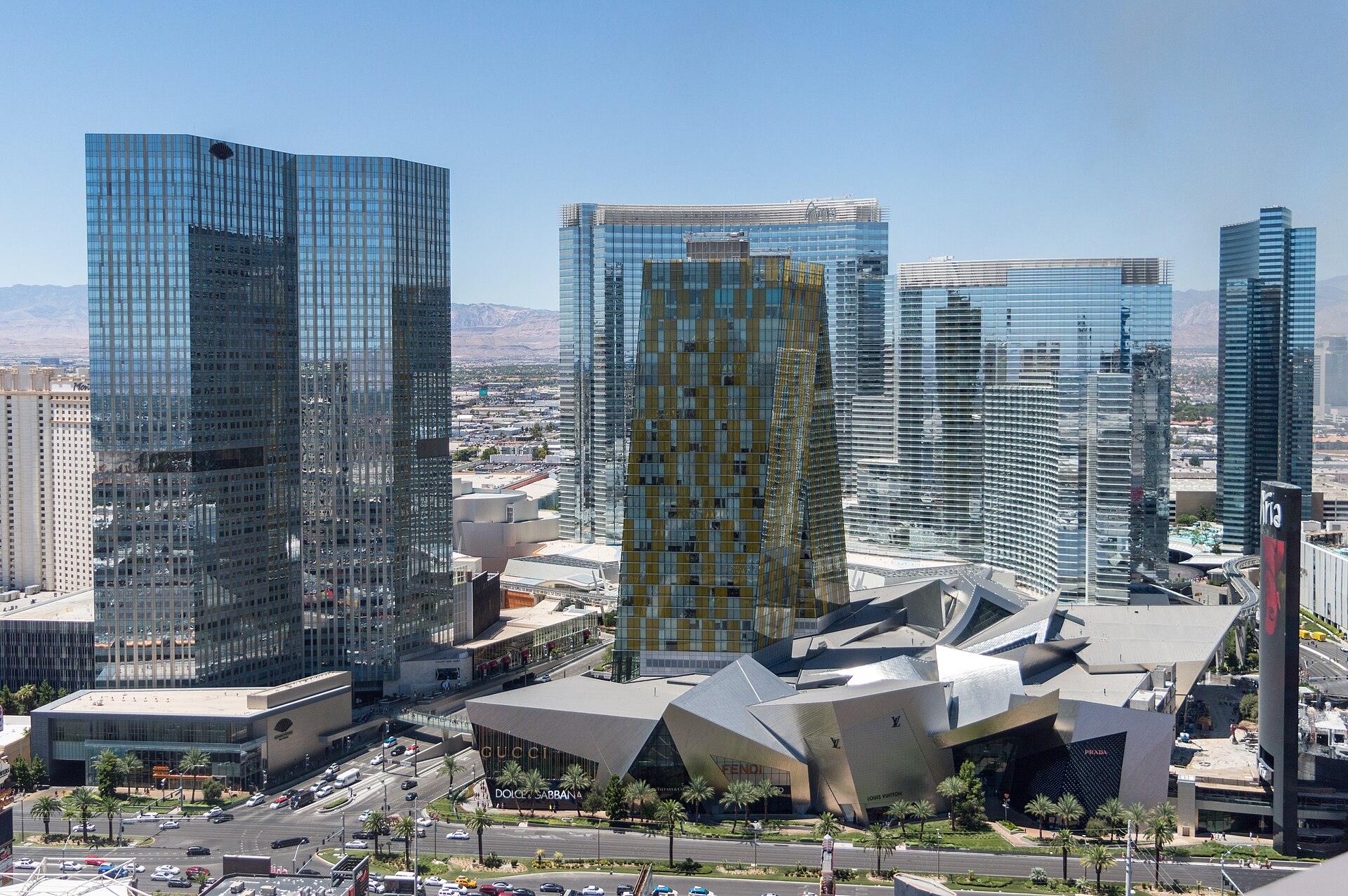 CityCenter in Las Vegas by day, with ARIA, Vdara, the Veer Towers and Crystals mall
