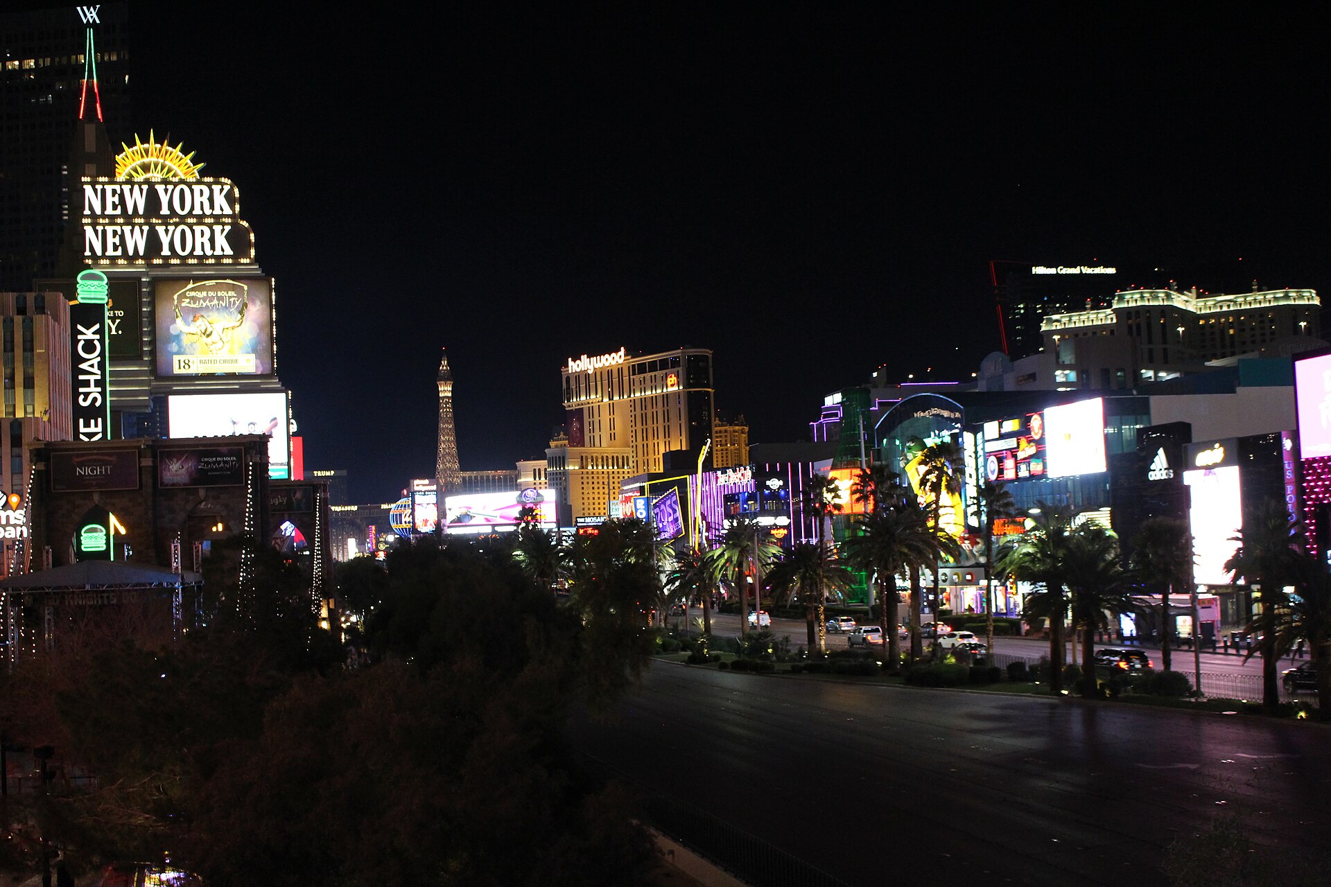 The New York-New York casino and tower lit up at night on the Las Vegas Strip in March 2020