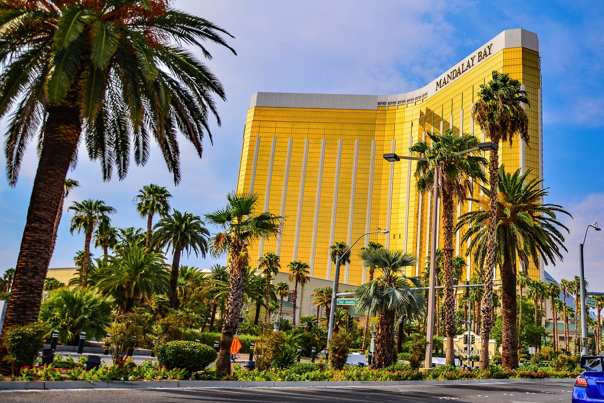 The gold-glass tower of Mandalay Bay Resort and Casino at the south end of the Strip