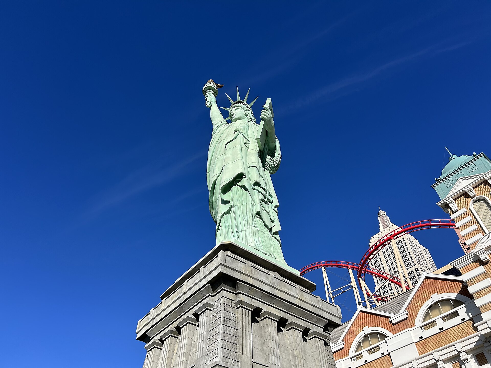 The Statue of Liberty replica outside New York-New York Las Vegas in daylight, April 2025