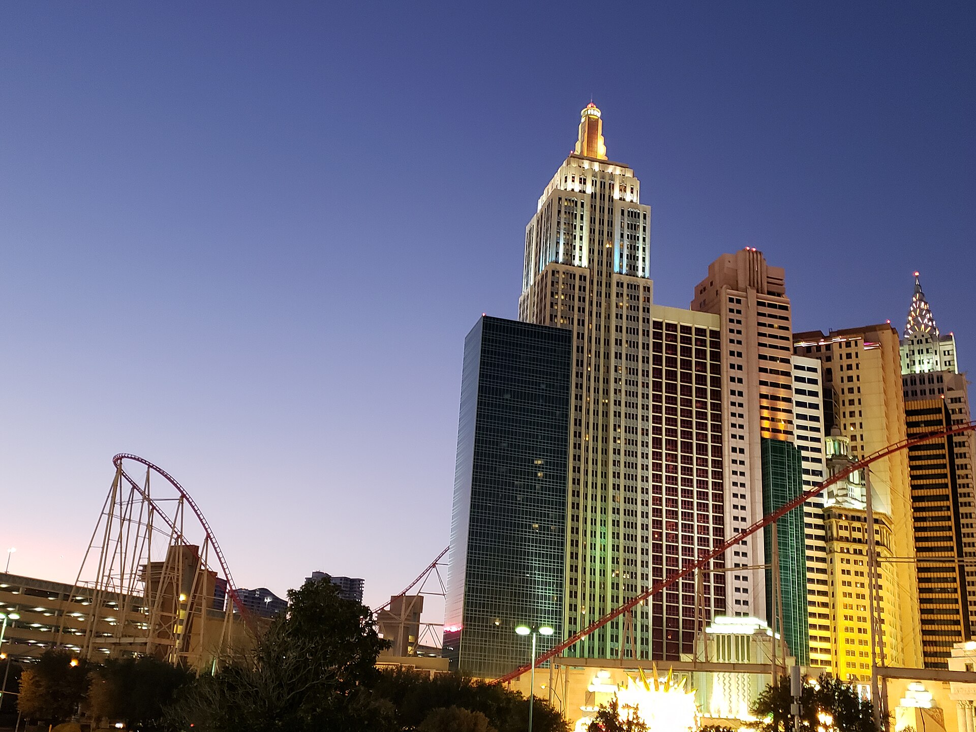 Dusk over the New York-New York skyline and facade on the Las Vegas Strip in September 2019