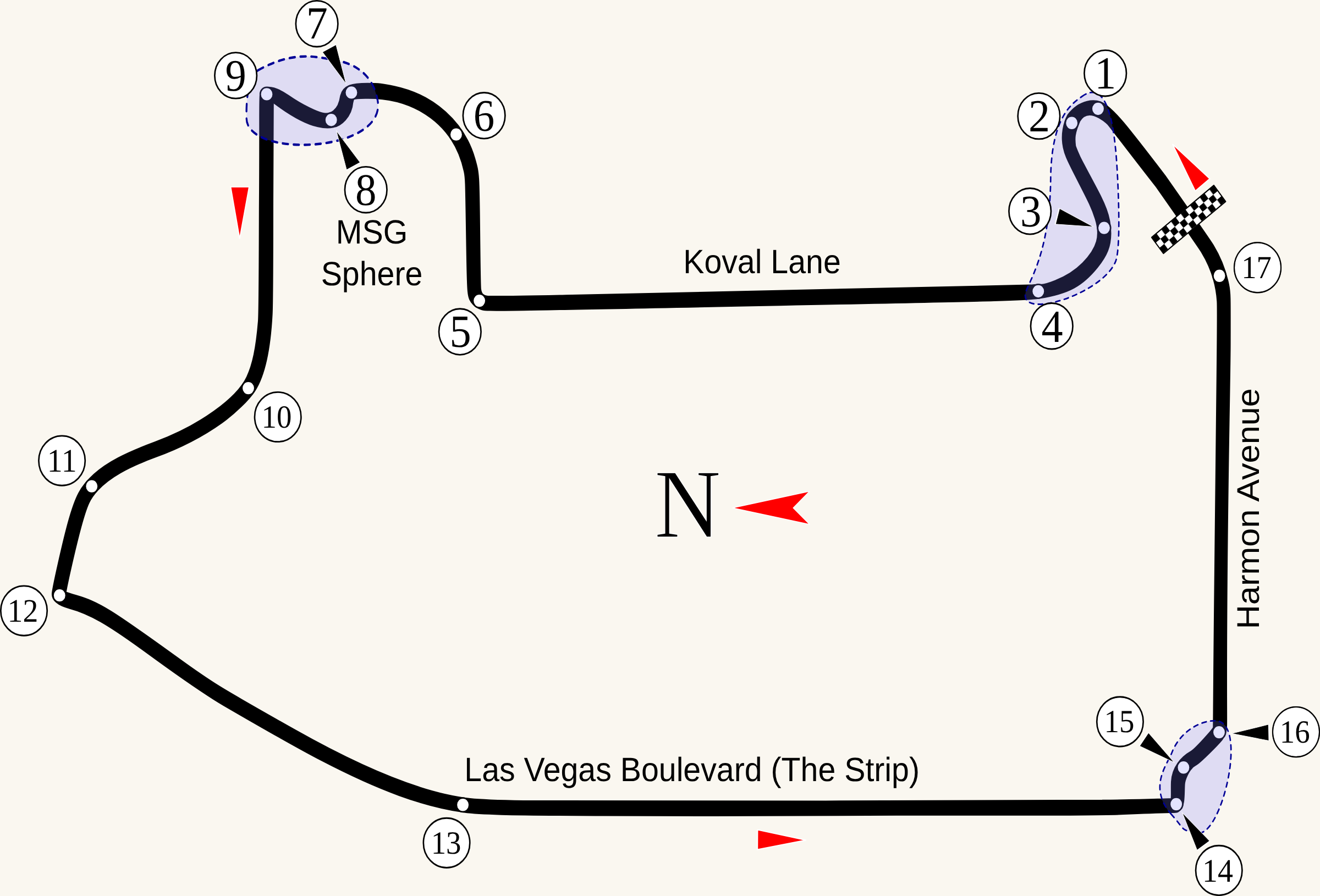 Map of the Las Vegas Grand Prix street circuit with its 17 numbered turns, Koval Lane, Harmon Avenue, Las Vegas Boulevard and the Sphere