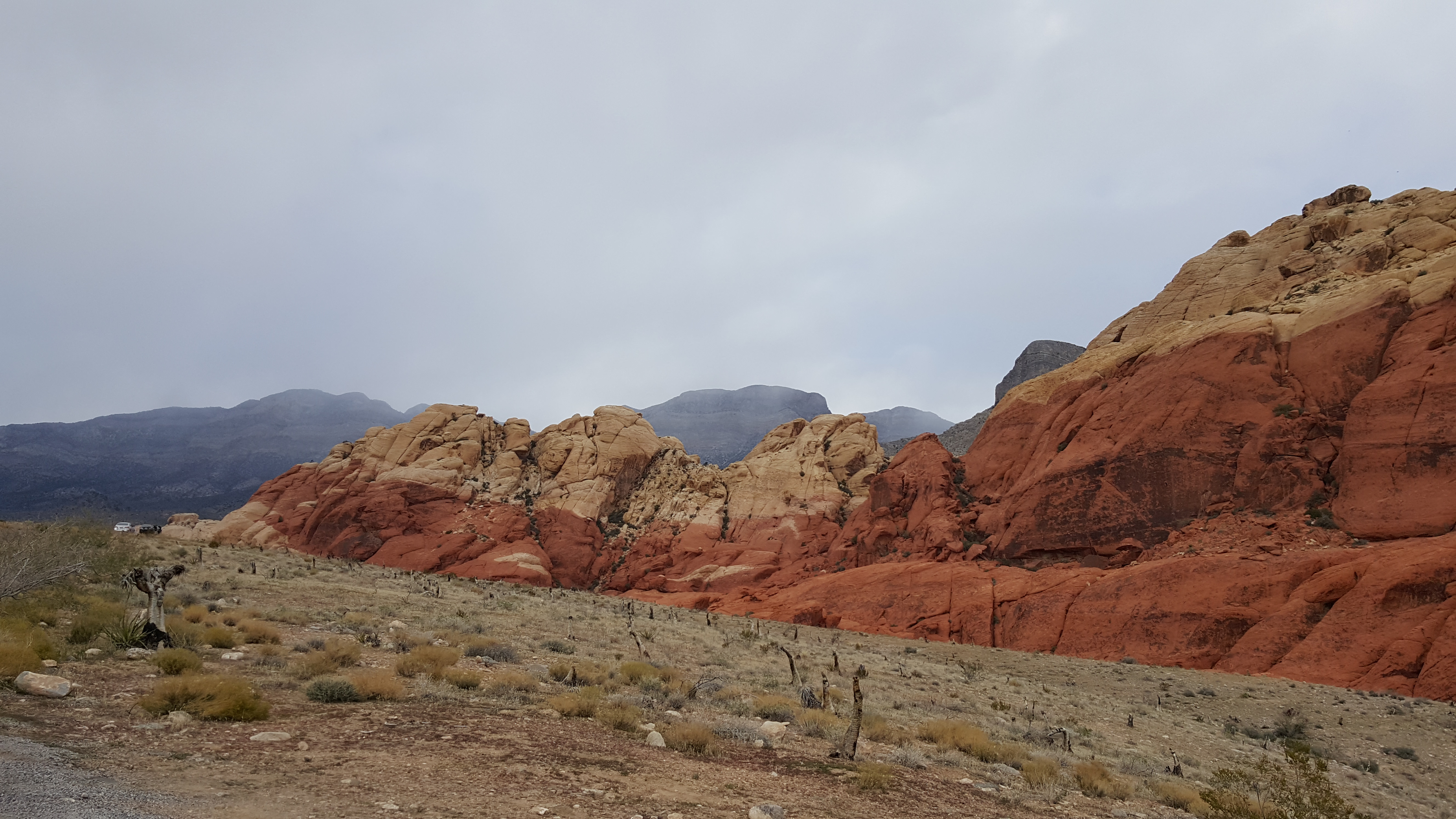 Red and cream sandstone formations beneath an overcast sky at Red Rock Canyon National Conservation Area, Nevada