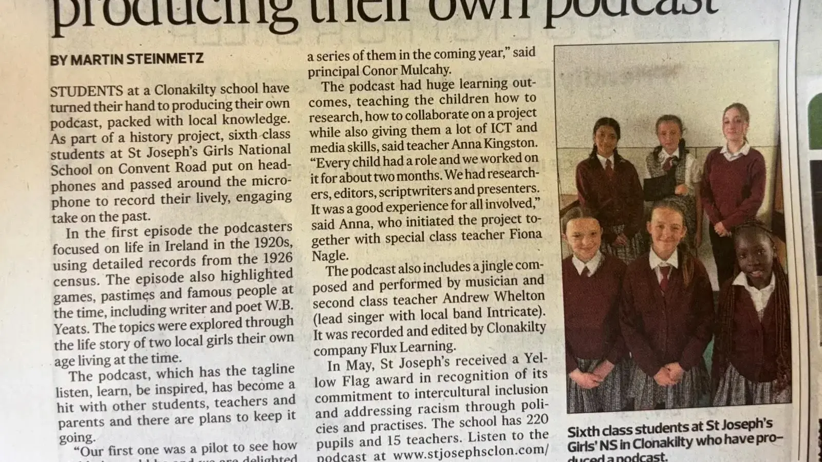 Newspaper article: Sixth class Clonakilty students producing their own podcast