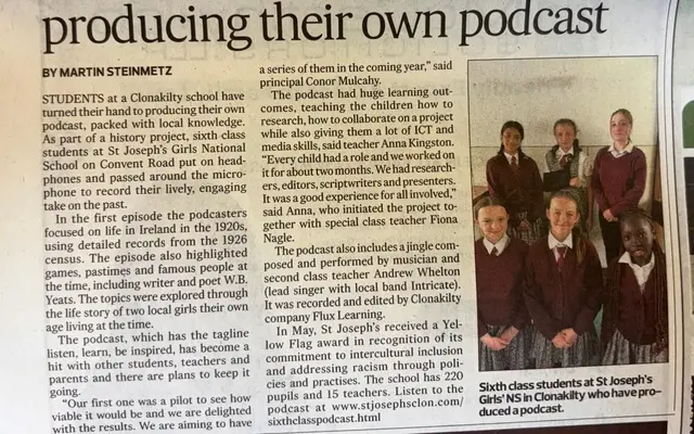 Newspaper article: Sixth class Clonakilty students producing their own podcast