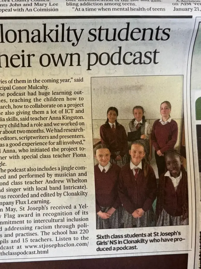 Newspaper article: Sixth class Clonakilty students producing their own podcast