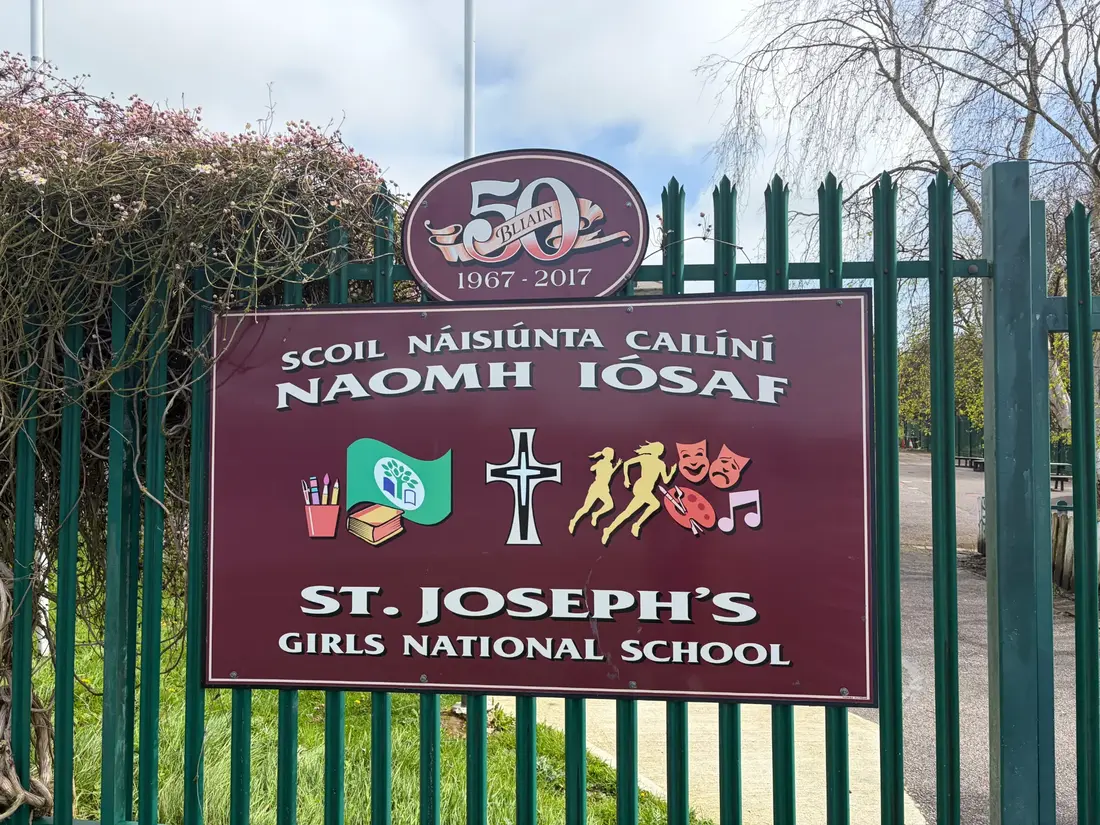The St. Joseph's Girls National School sign on the school gates, marking 50 years (1967–2017)