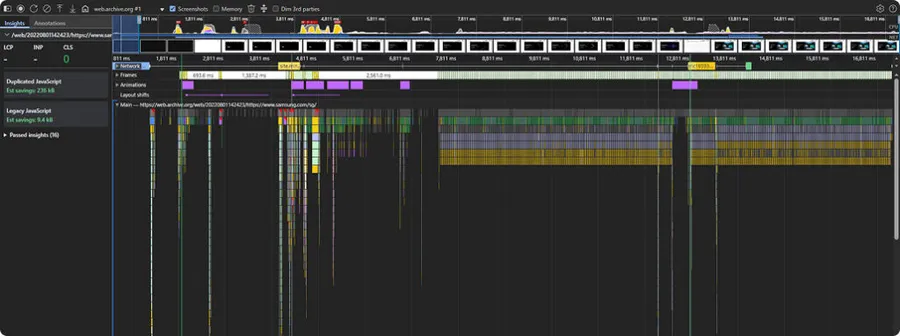 Performance trace of Samsung's Singapore homepage in Chrome DevTools