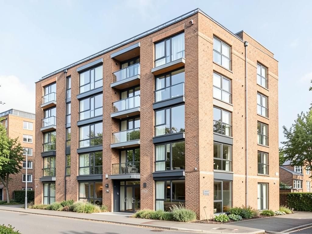 Contemporary brick and glass apartment building in daylight