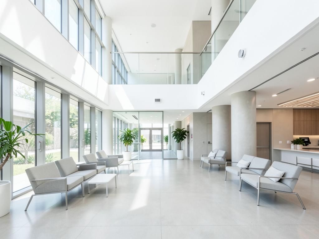 Bright healthcare building atrium with daylight and seating