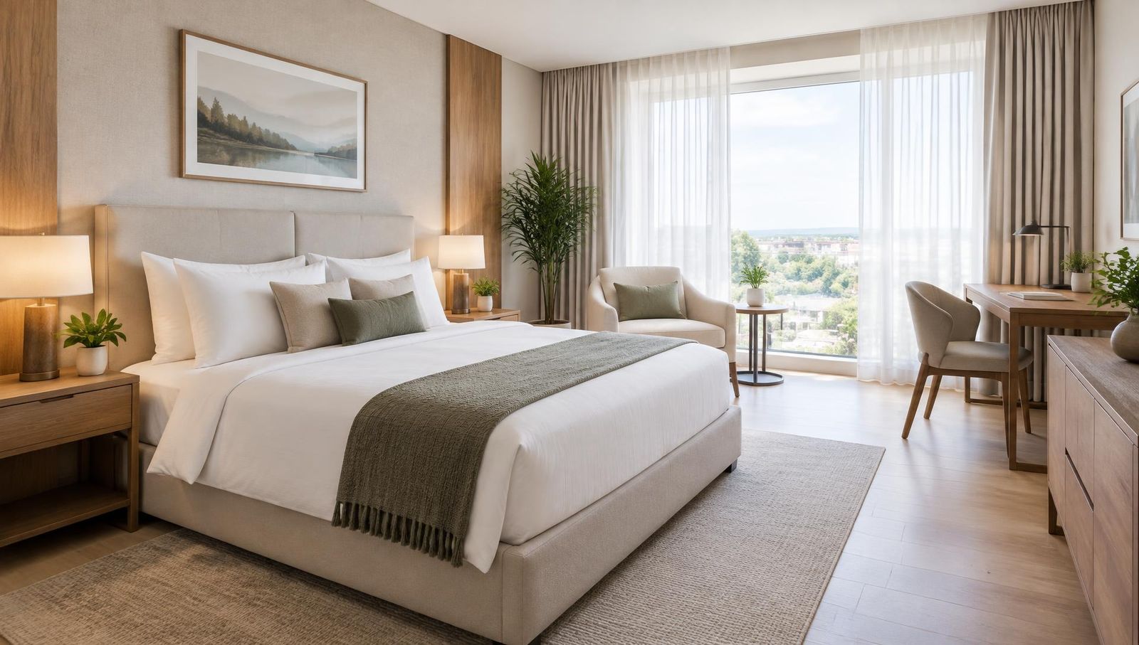 Bright, welcoming hotel bedroom with large window and neutral, contemporary interior