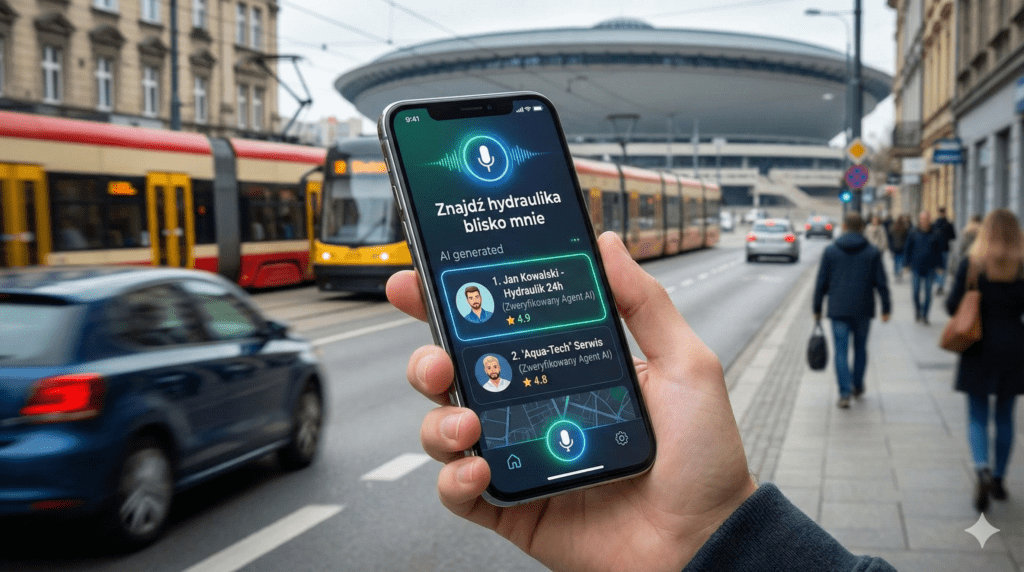 Smartfon z interfejsem asystenta głosowego AI wyszukującego lokalne usługi na Śląsku, tło miejskie.