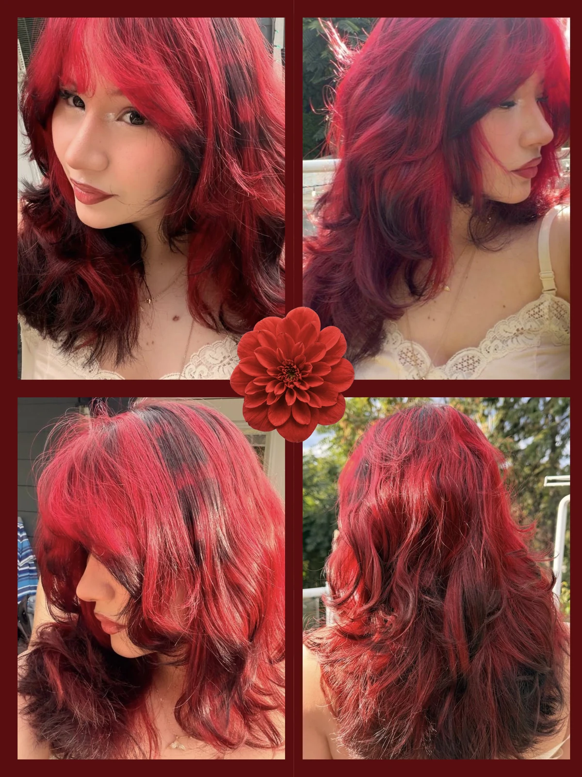 A collage showing a red hairstyle and its layers from several angles