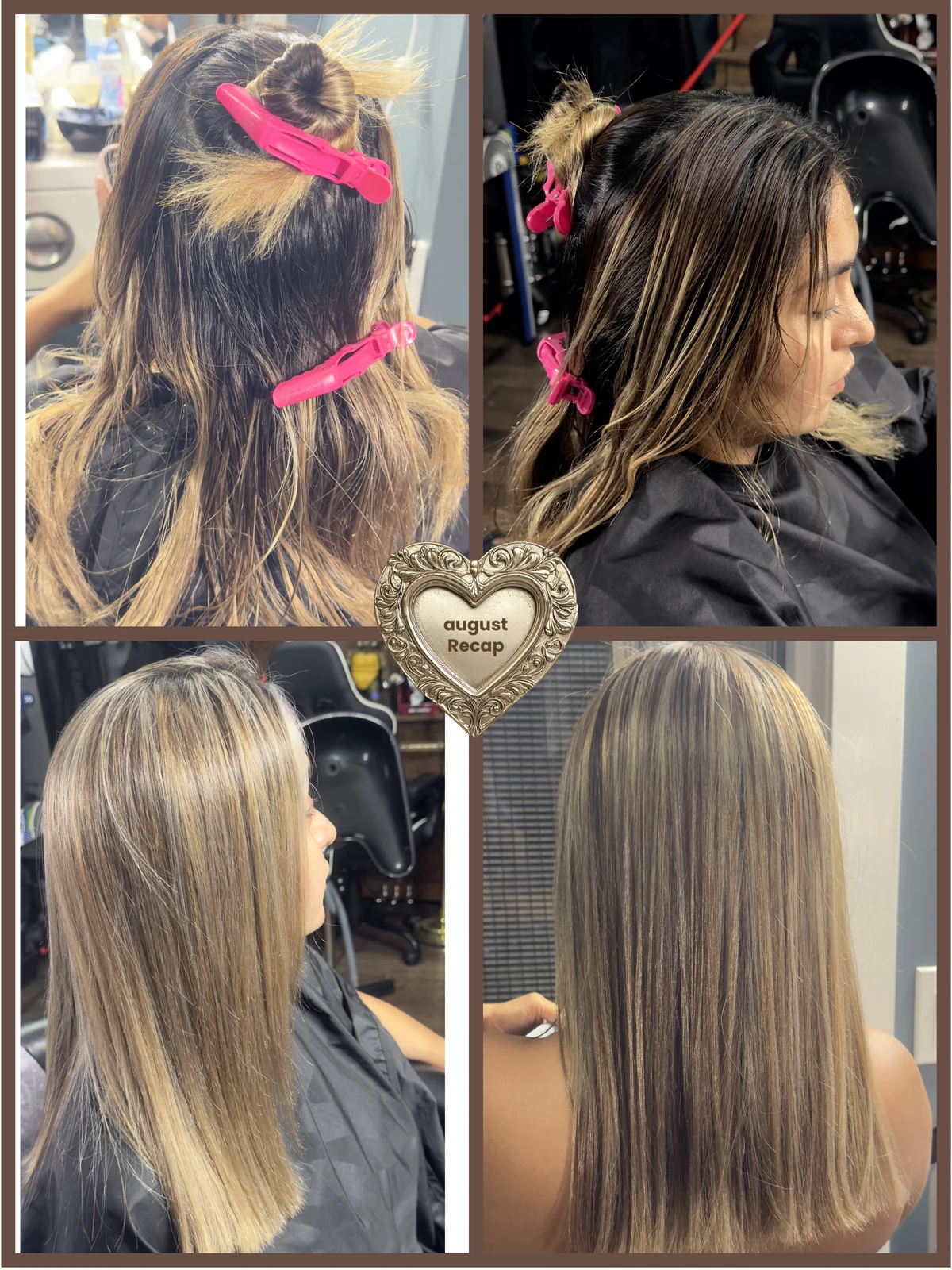 A collage showing stages of a highlighted hairstyle supplied by Aura