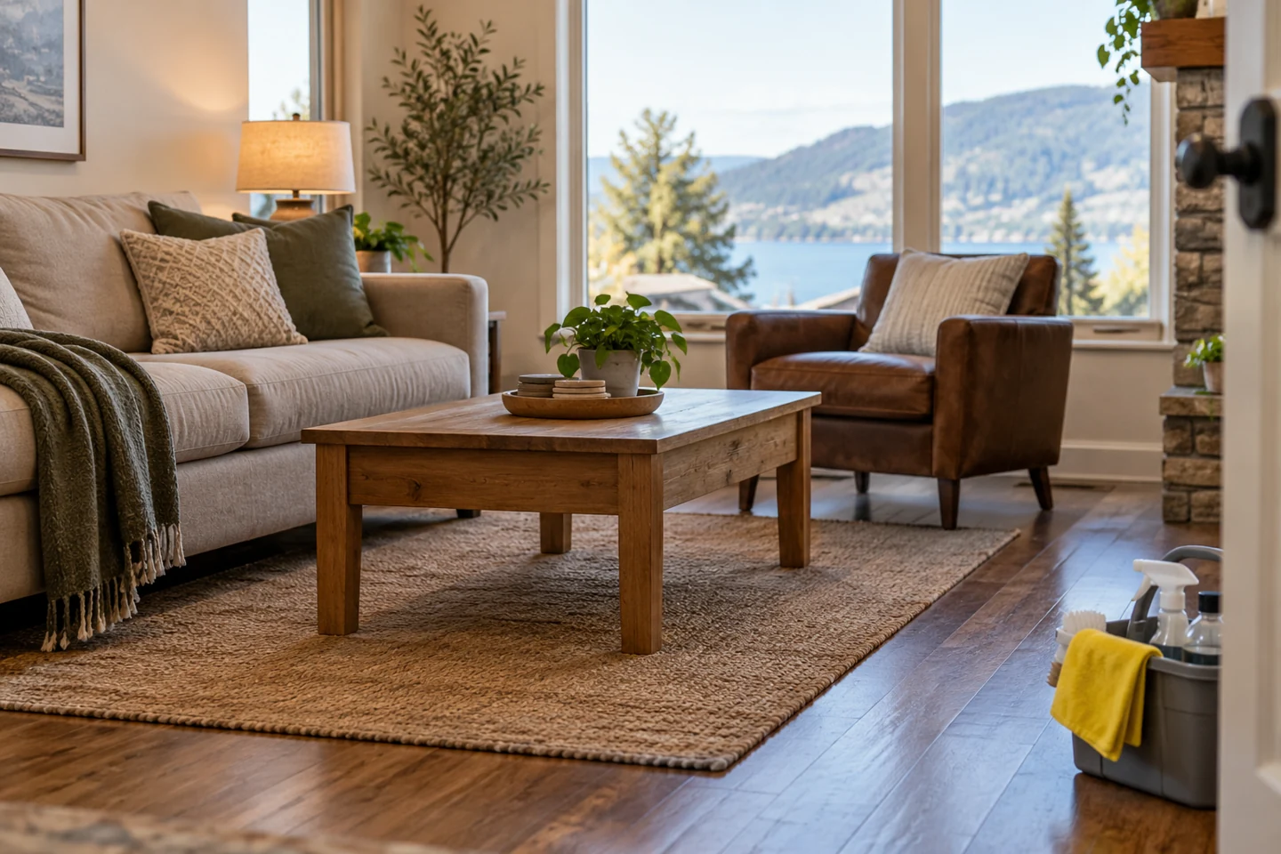Illustration of a tidy living room with clear surfaces and a cleaning caddy by the doorway.