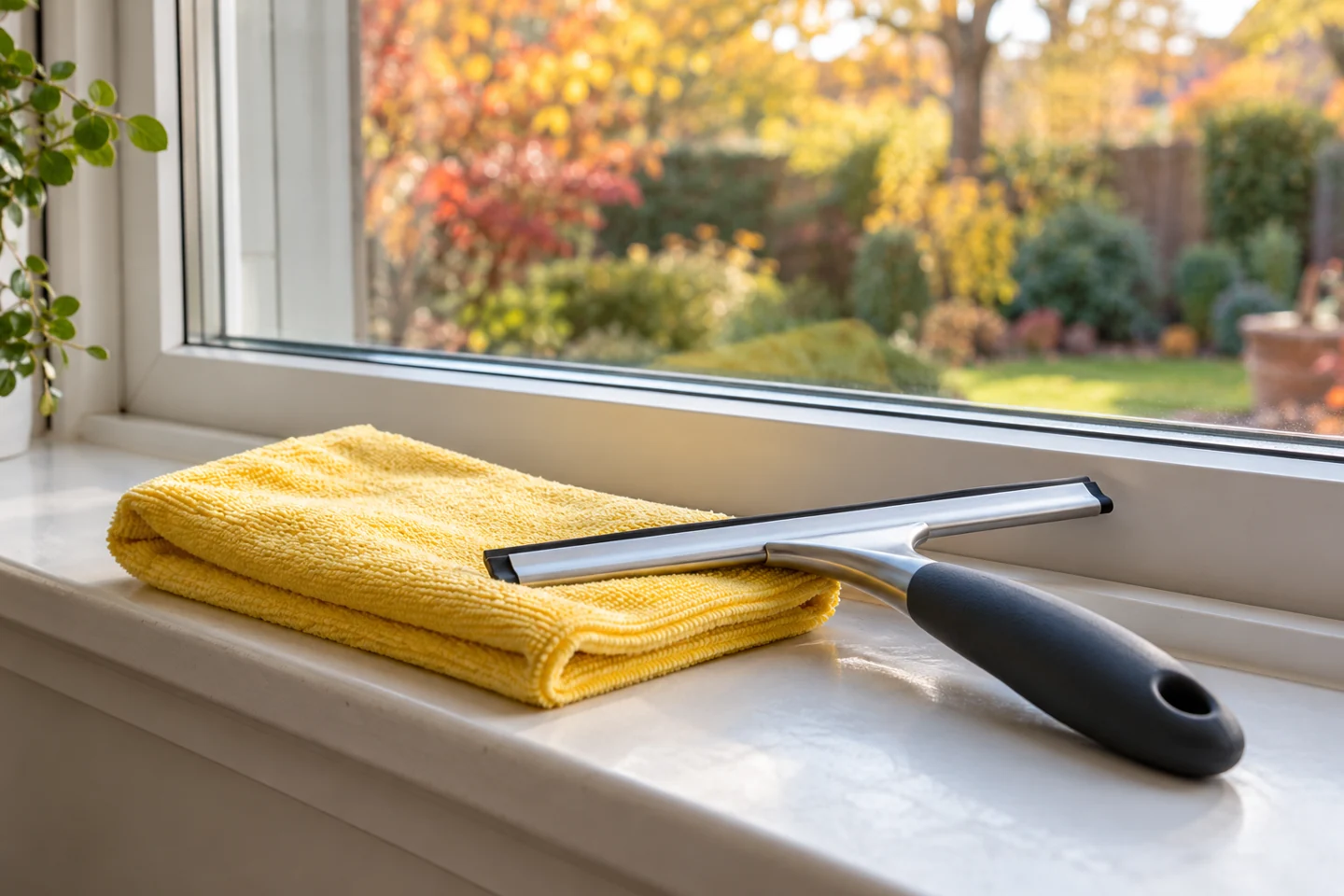 Illustration of a yellow microfiber cloth and squeegee on a windowsill overlooking an autumn garden.