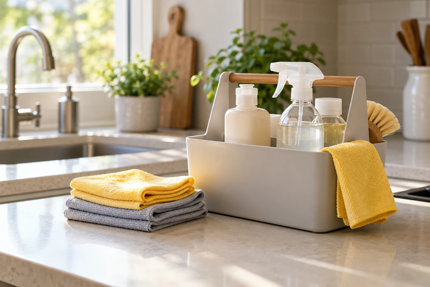 Illustration of microfiber cloths, a brush and unlabelled bottles in a household cleaning caddy.