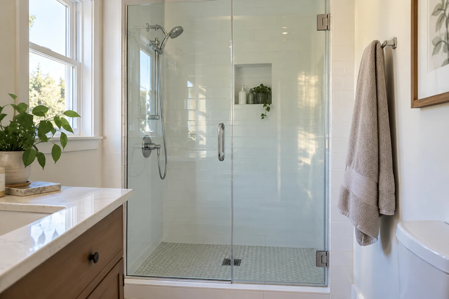 Illustration of a bright bathroom with a glass shower door and a folded towel.