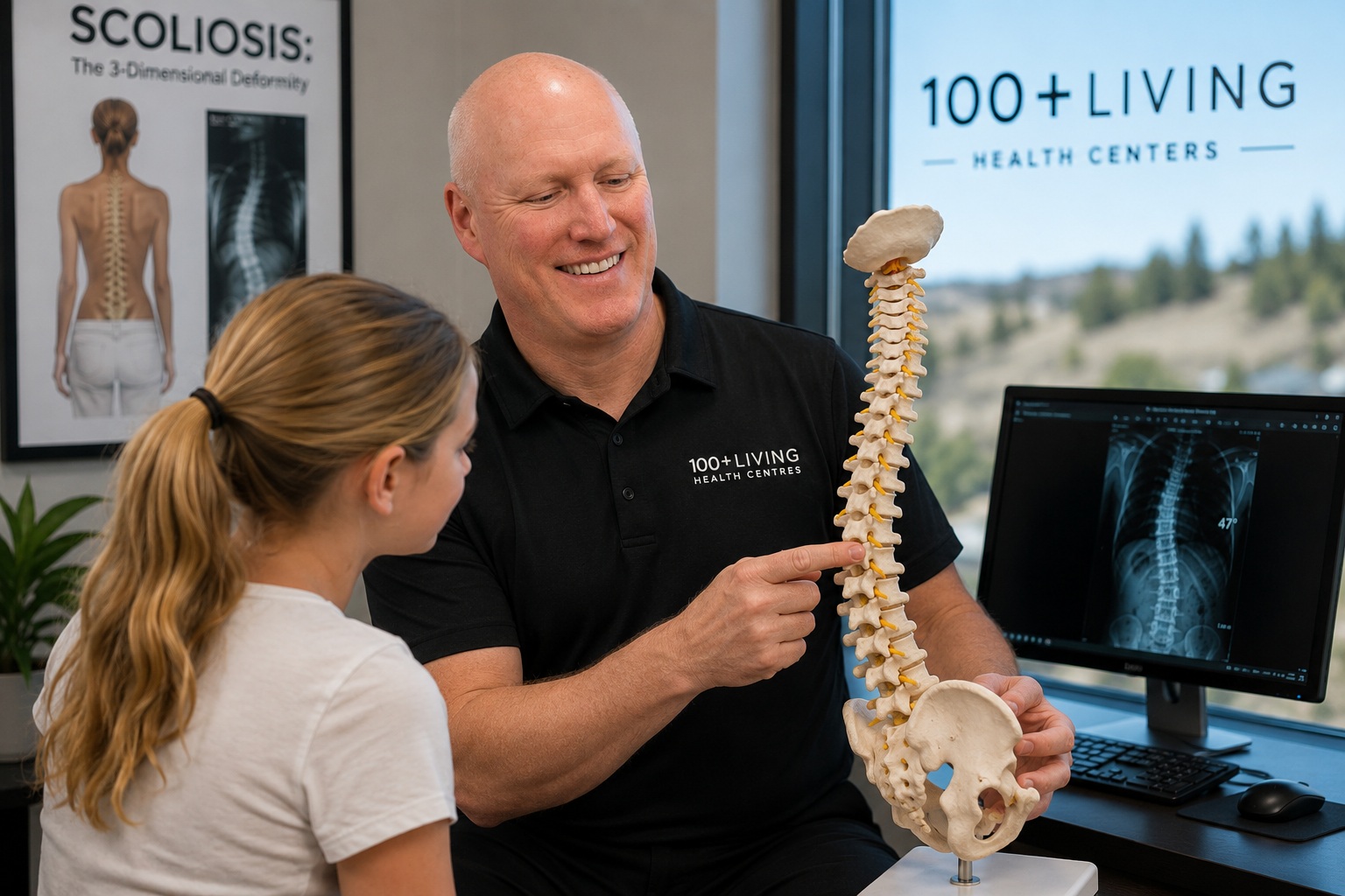 Dr. Graham Jenkins discussing spinal anatomy with a visitor using a spine model at 100+ Living.