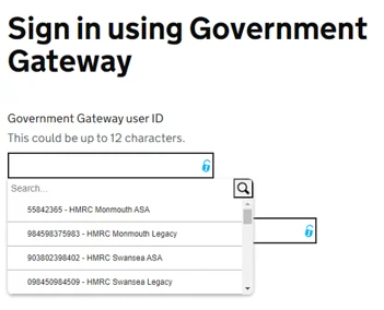 The Government Gateway sign-in page, with My1Login's list of Government Gateway user IDs under the user ID field
