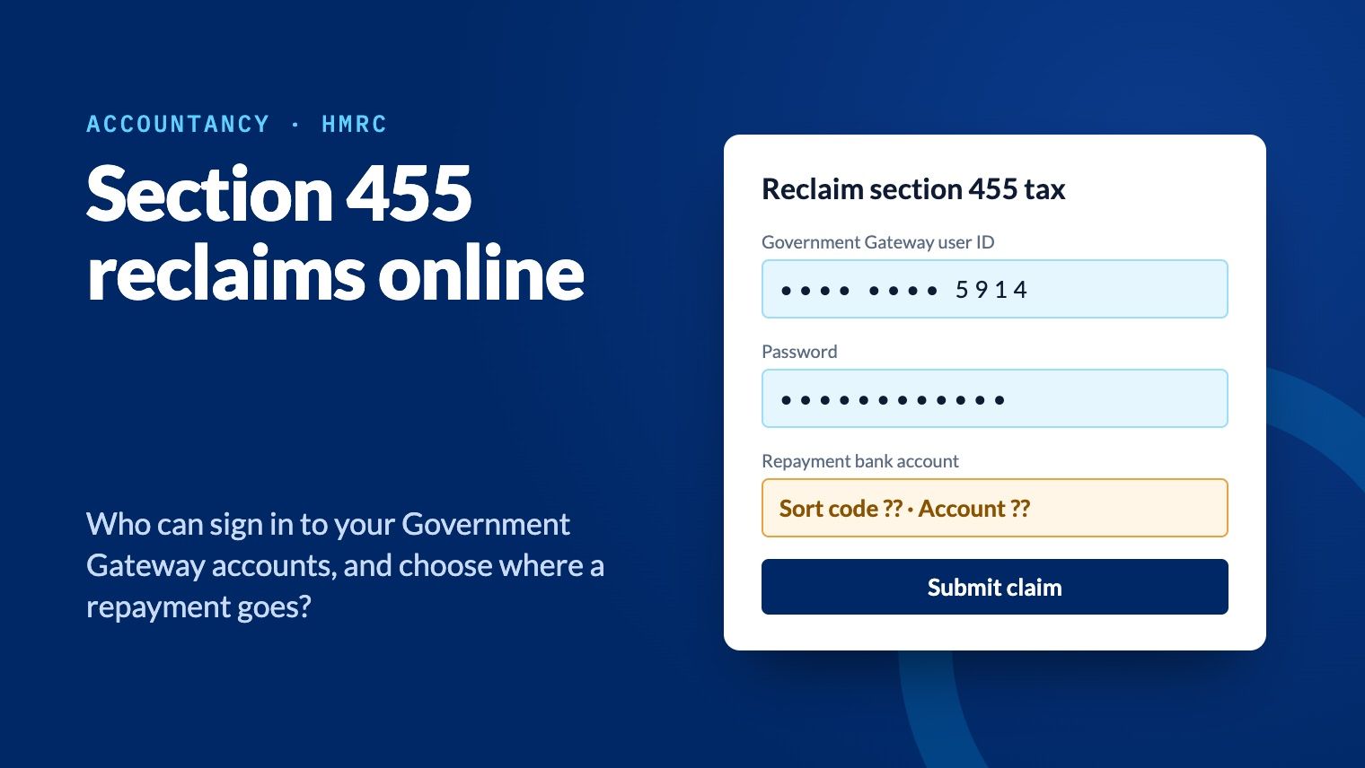 An illustration of a section 455 reclaim form with a hidden Government Gateway user ID and password, and an unknown repayment bank account
