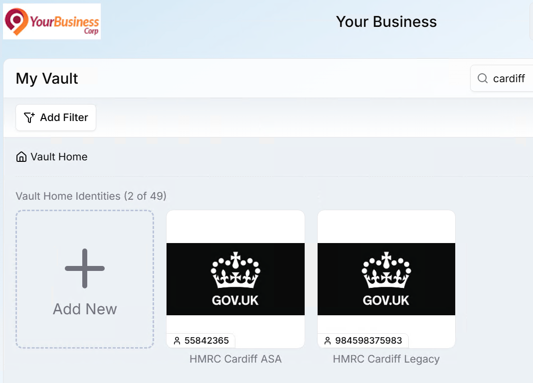 A My1Login vault searched for "cardiff", showing the two HMRC Cardiff Government Gateway accounts