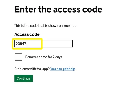 The Government Gateway access code page, with the code filled in by My1Login