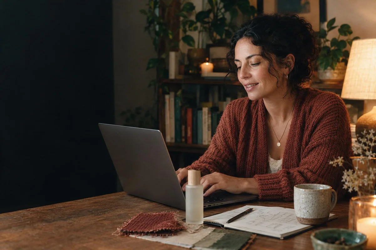 A founder working at a laptop with skincare samples and notes